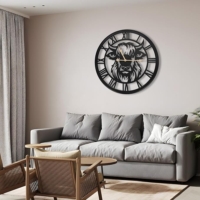 24Inch/60CM Large Wall Clocks Battery Operated, Slient, Black, Metal, Non-Ticking Wall Clock for Living Room Decor,Bedroom, Kitchen, Dining Room (Highland Bull Wall Clock, 24 Inch)