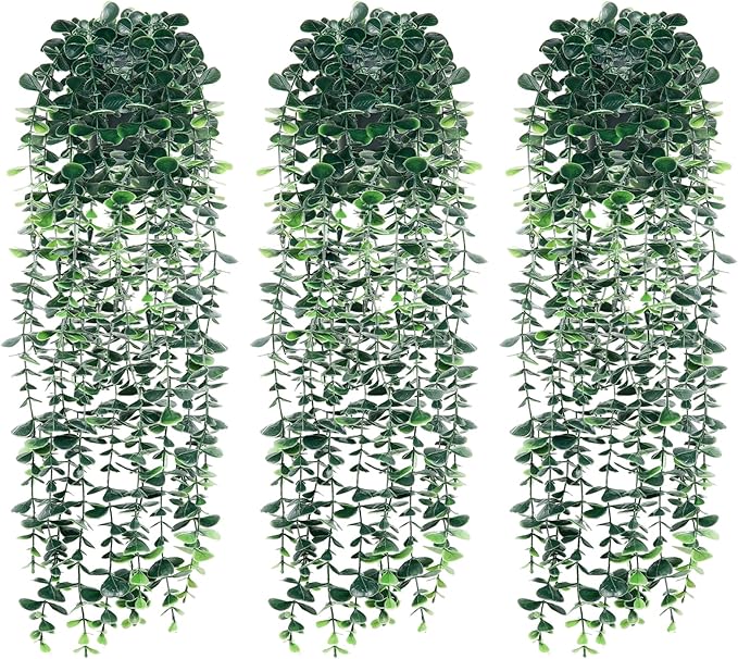 Artificial Hanging Eucalyptus Plants，Fake Plant Eucalyptus Small Decor Faux Hanging Vine Plants Wall Greenery for New Home Decoration，for Floating Shelf Indoor Outdoor Pack of 3