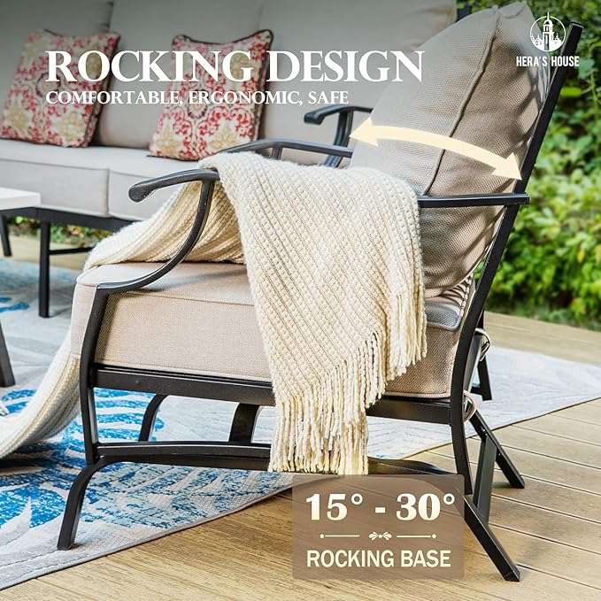 HERA'S HOUSE Patio Furniture Set, 2 x Rocking Cushioned Chair, 2 x Cushioned Ottoman, 1 x 3-Seat Sofa with Marbling Coffee Table, 6 Piece Outdoor Conversation Set for Backyard Lawn Garden