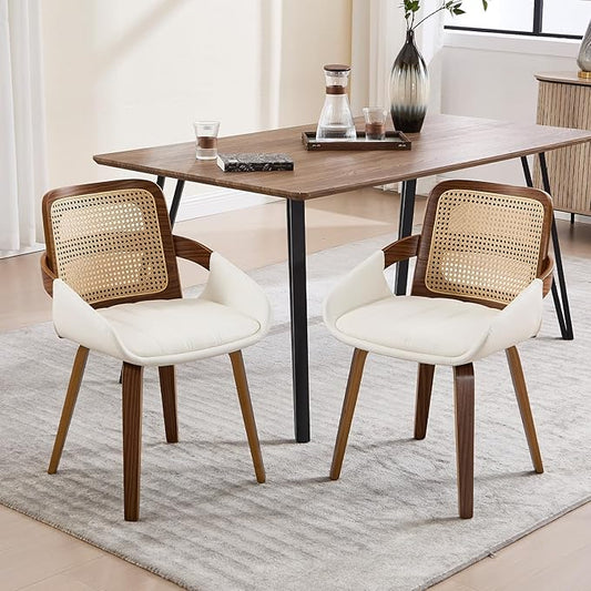 Dining Chairs Set of 2, Mid Century Modern Dining Room Chairs with Arms and Rattan Back PU Leather Upholstered Bentwood Kitchen Chairs for Home Restaurant Office - Beige