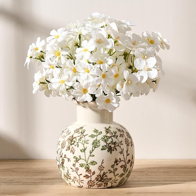 SIDUCAL Ceramic Green and Beige Antique Vase, 5.91 Inch Retro Ice Cracked Chinoiserie Floral Vase, Rustic Farmhouse Vases for Home Decor, Bookshelf, Office, Garden, Chinoiserie Decor, Tuscan Decor