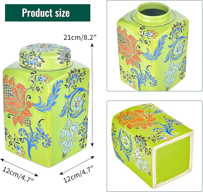 Sungmor Decorative Ceramic Ginger Jar with Lid, Square Ceramic Storage Jar Tea Canister, 8.2" Hand Painted Floral Pattern Porcelain Vase for Table Centerpiece, Green Glazed Ginger Jar for Home Decor
