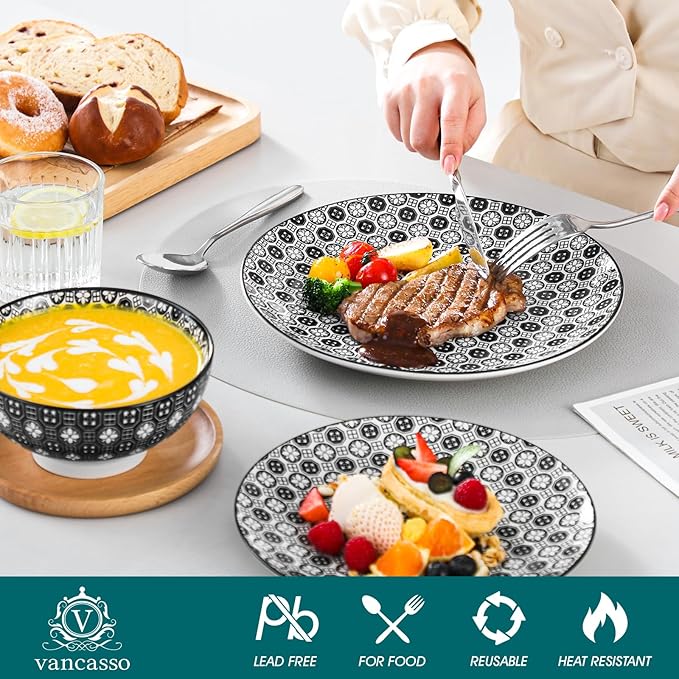vancasso Haruka 12 Pieces Plates and Bowls Set, Ceramic Dinnerware Sets for 4, Black and White Porcelain Dishes Set
