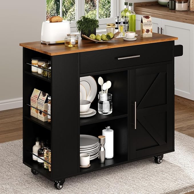 4 EVER WINNER Kitchen Island with Storage, Island Table for Kitchen with Spice Rack & Towel Rack & Open Shelves, Rolling Kitchen Island with Storage Cabinet and Drawer, Black