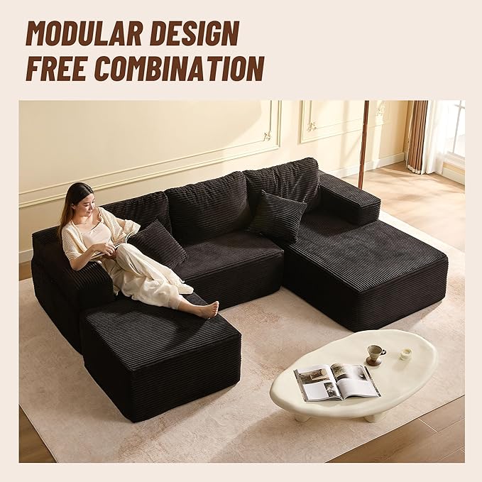 107" Boneless Couch with Deep Seat, Modular Sectional Sofa, Cloud Sectional Couch for Living Room, No Assembly Required, Corduroy, U-Shape 3 Seater Left, Black