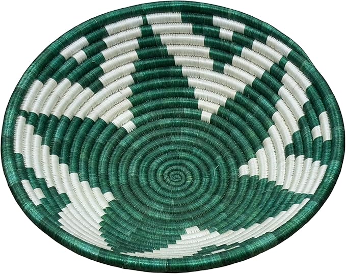 Handwoven African Basket Handmade sisal Fruit Bowl Wall Hanging decorative Baskets for Home Living Room Kitchen Centerpiece Zen Designs Arts and Crafts (Dark Green White, 10in diameter)