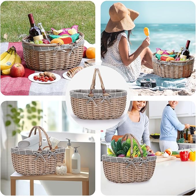 G GOOD GAIN Oval Picnic Basket with Folding Handles, Willow Hand Woven Shopping Basket, Bath Toy Kids Toy Storage Gift Packing Basket, Wicker Empty Easter Eggs and Candy Small Gift Basket.GreyCheck