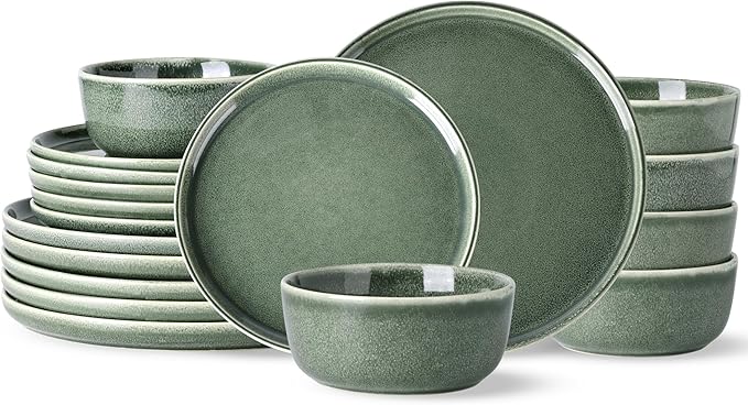 AmorArc Stoneware Dinnerware Sets,Round Reactive Glaze Ceramic Plates and Bowls Set,Highly Scratch Resistant | Dishwasher & Microwave Safe Dishes,Service for 6 (18pc) Jade Green