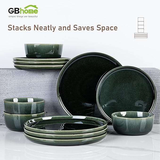 GBHOME Ceramic Dinnerware Sets for 4, 12 Pieces Stoneware Plates and Bowls Sets, Scratch Resistant Dishes, Dishwasher & Microwave Safe, Reactive Glaze-Earth Green