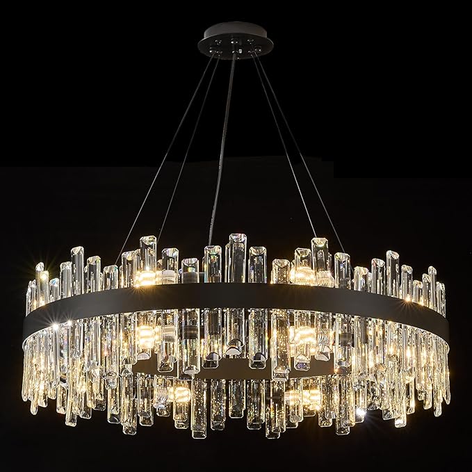 Round Crystal Chandeliers, D31.5 inch 16-Light Black Chandelier Lighting Fixture, Height Adjustable Pendant Ceiling Light for Living Room Dining Room Bedroom
