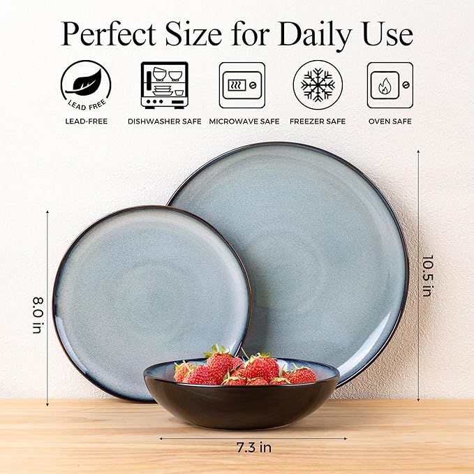 LeRatio Ceramic Dinnerware Sets for 4,Wavy Reactive Glaze Stoneware Plates and Bowls Sets,Highly Scratch Resistant | Dishwasher & Microwave,Oven Safe Dishes Set(12PCS)