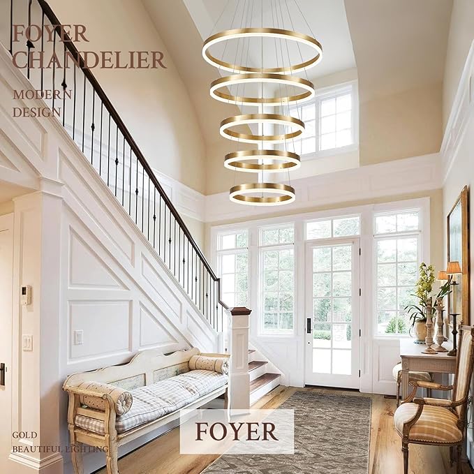 Modern LED Chandelier for Foyer Dimmable Gold High Ceiling Chandeliers Foyer with Remote Control for Entryway Dining Room Living Room Staircase, 3000K-6500K(5-Rings D23.6’’)