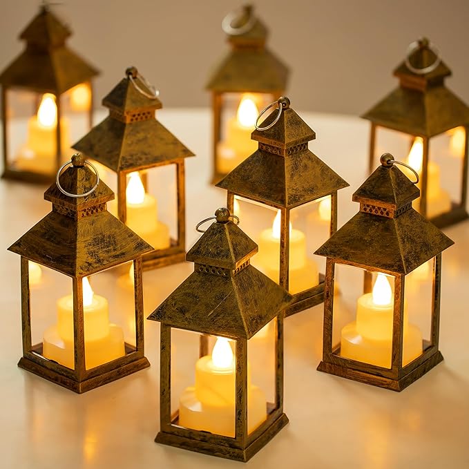 Romadedi Mini Lanterns Decorative for Centerpiece -10 PCS Hanging Small Gold Lantern Bulk with Flickering LED Candles for Wedding Table Decor Halloween Decorations Christmas, Batteries Included