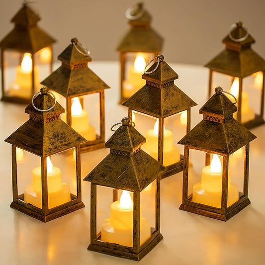Romadedi Mini Lanterns Decorative for Centerpiece -10 PCS Hanging Small Gold Lantern Bulk with Flickering LED Candles for Wedding Table Decor Halloween Decorations Christmas, Batteries Included
