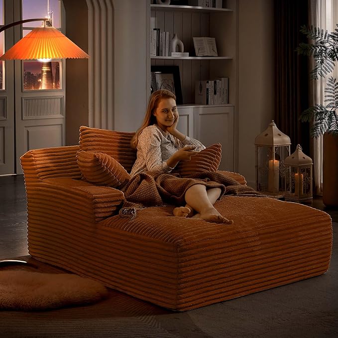 GNIXUU Oversized Chaise Lounge Chair Indoor, Comfy Fluffy Lounge Sofa Upholstered Sleeper Sofa Couch with Throw Pillows and Armrests, Corduroy Plush Chair Bed for Living Room, Orange
