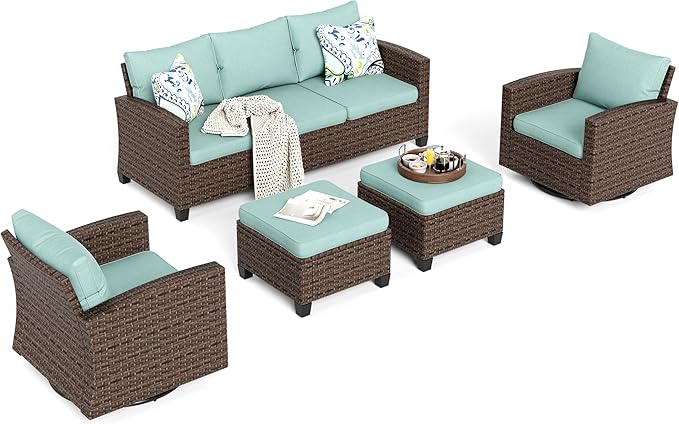 HERA'S HOUSE Swivel Glider Patio Furniture Set, 5 Pieces Outdoor Seating Furniture Sets, 3-Seat Wicker Sofa with Ottomans, All Cushioned Patio Conversation Sets for Backyard Deck, Blue