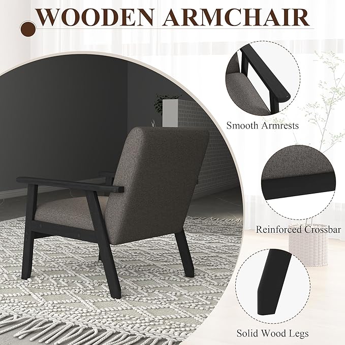 Westice Accent Chair 1PC, Mid-Century Modern Living Room Chairs with Solid Wood Frame & Soft Thicken Cushion, Upholstered Arm Reading Chair for Bedroom, Balcony, Grey Linen Fabric & Black Legs