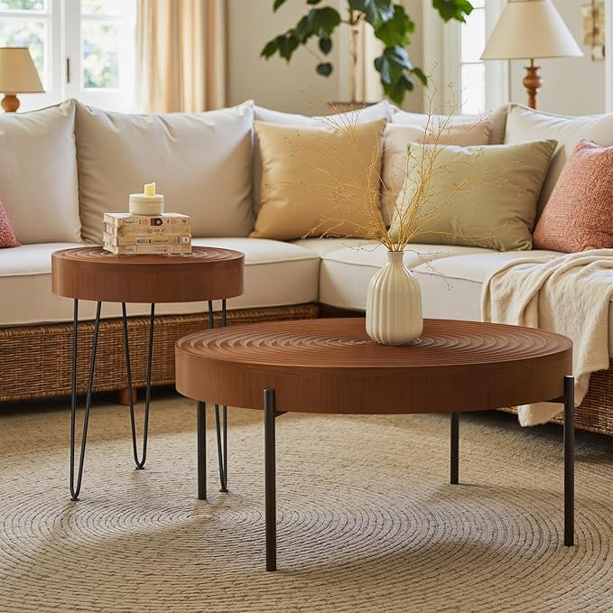 2 Piece Modern Farmhouse Living Room Coffee Table Set, Nesting Table Round Natural Finish with Handcrafted Wood Ring Motif, Walnut Colour