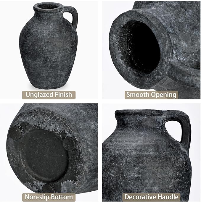 Ceramic Rustic Farmhouse Vase, 9 inch Ceramic Black Flower Vase for Centerpieces Pampas Grass Pottery Jug with Handle Boho Modern Rustic Farmhouse Decor for Living Room Kitchen Dinner Table Shelves