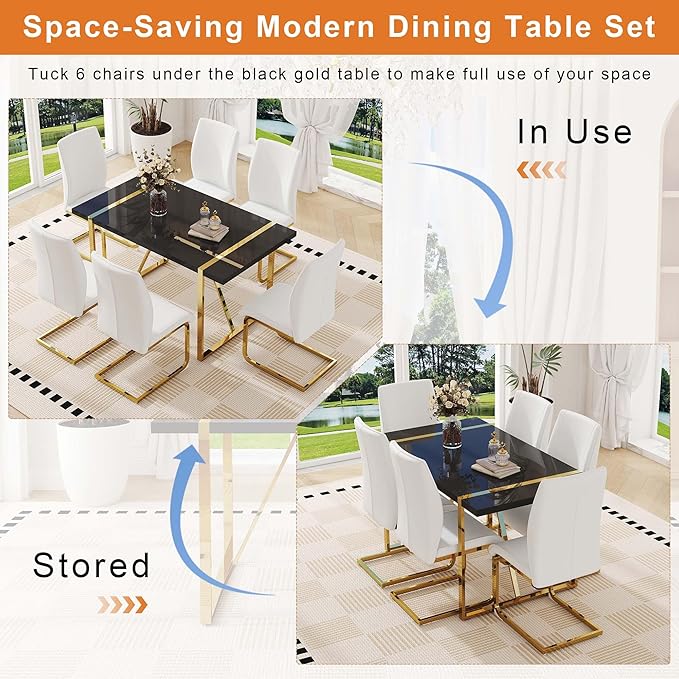 Black Dining Table Set for 6, 55" Dinner Table Set for 6, 1.5" Black Glossy Wood Tabletop with Gold Metal Legs, Modern Kitchen Table Set with 6 Bow-legged Faux Leather Chairs for Dining, Small Space