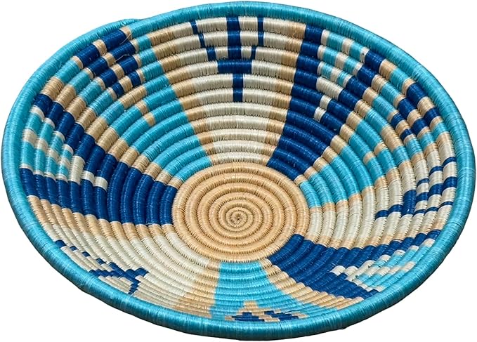 Handwoven African Basket Handmade sisal Fruit Bowl Wall Hanging decorative Baskets for Home Living Room Kitchen Centerpiece Zen Designs Arts and Crafts (Dark Blue Tan Teal, 12in diameter)