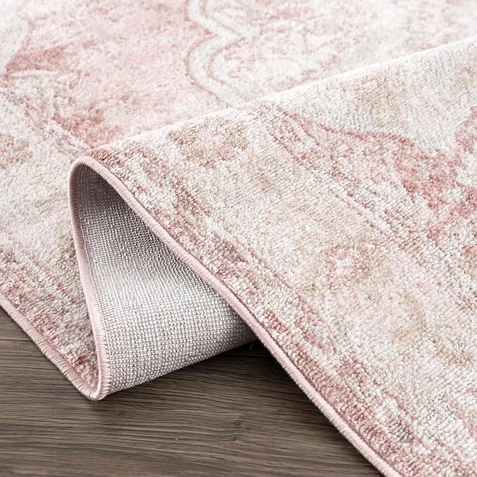 Blush & Light Pink Collection Kandos Bohemian Oriental Medallion Area Rug - Traditional Floral Carpet for Living Room, Bedroom - Blush, Dusty Pink, Cream - 7'10" Square