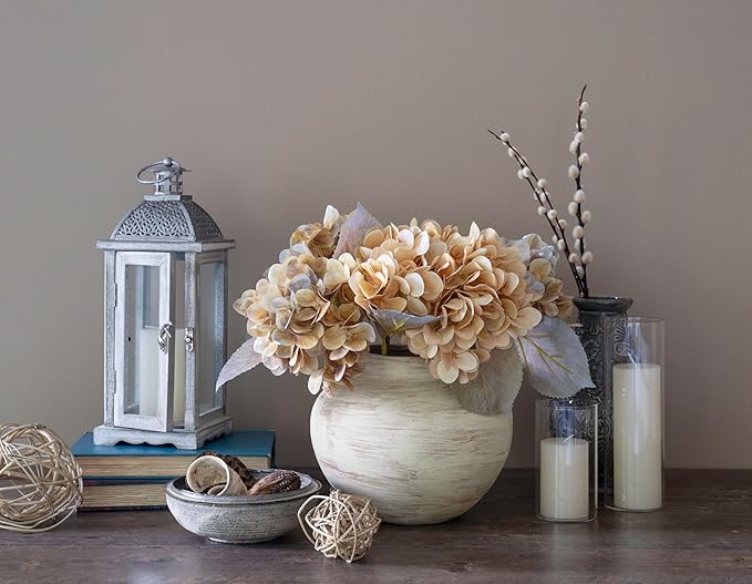 Handmade Beige White Two-Ear Ceramic Vase, Textured Pottery Vase with Two Ears for Centerpieces, Kitchen, Living Room, Bedroom Decor Gifts (Beige White, Short)