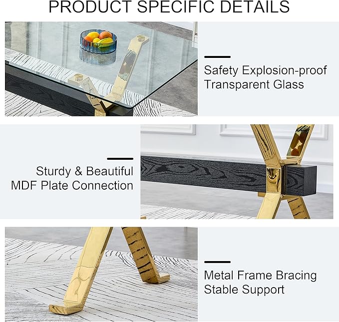 9 Piece Glass Dining Table Set, 79" Modern Dining Table Set for 8, 0.5" Thick Tempered Glass Tabletop with Gold Chrome Metal Legs and Black Crossbar, 8 PU Chairs for Dining Room, Kitchen