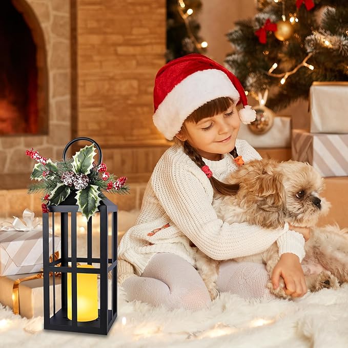 Bdor 2 Pack Christmas Lantern Decoration with LED Flameless Candle, Pinecones & Holly Berries, Holiday Tabletop or Porch Decor, Battery Operated Christmas Lighting
