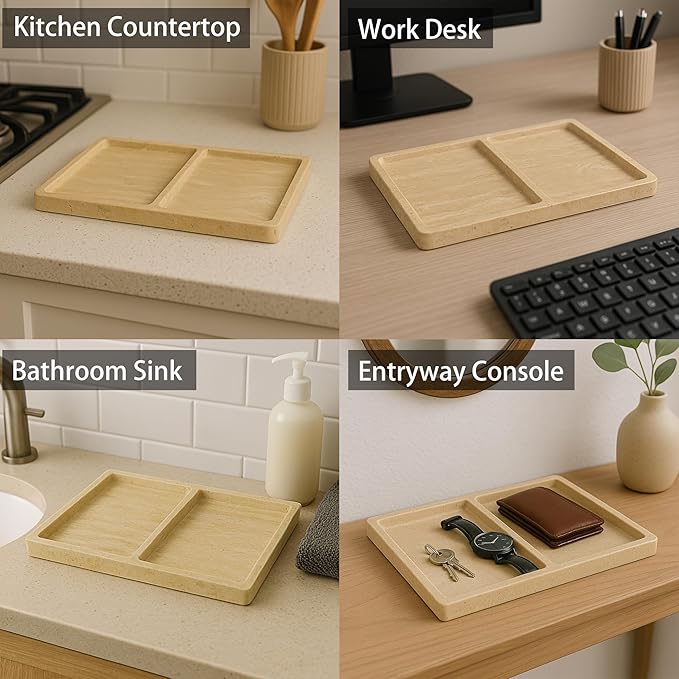 11.81"x7.87" Roman Travertine Decorative Tray - 2 Compartments Functional Storage Vanity Organizer for Bathroom Kitchen Office, Beige
