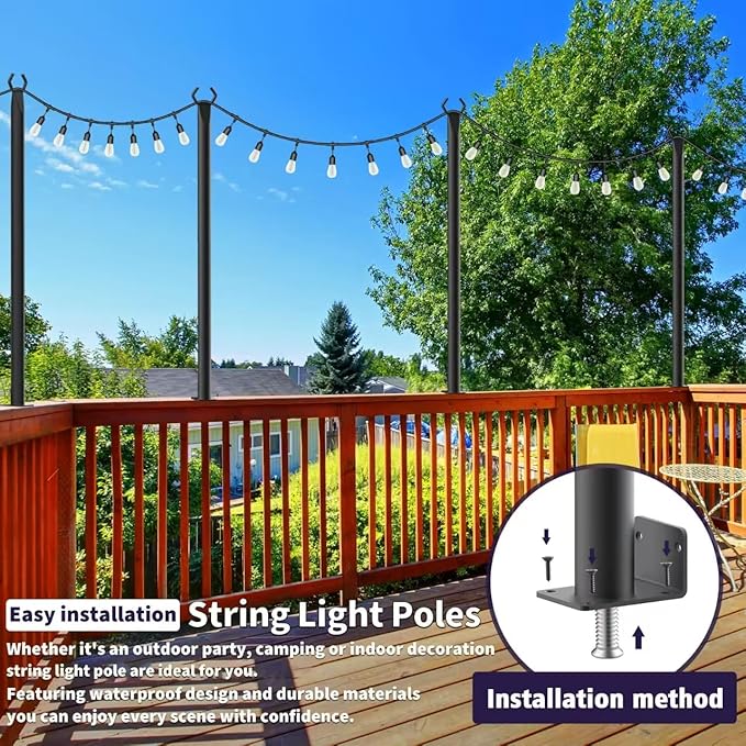 5 Ft String Light Poles 6 Pack, String Light Poles for Outside with Fixing Clips,Hanging Light Poles for Deck Fence Garden Backyard Wall Bistro,Metal Poles for Outdoor String Lights
