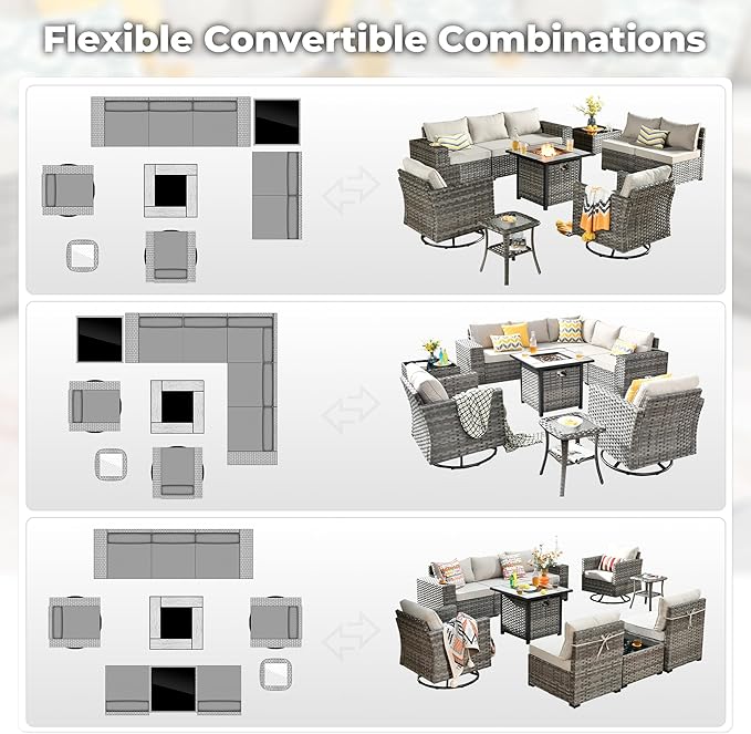 ovios 10 Pieces Patio Furniture Set, Outdoor Wicker Sectional Sofa with 30" Fire Pit Table Swivel Chairs, Modern Modular Deep Seat Rattan Couch Conversation Sets, Beige