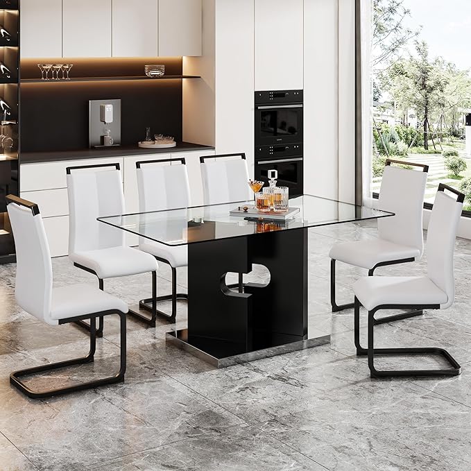 Glass Dining Table Set of 6, 63" Dinner Room Glass Table Set for 6, Modern Kitchen Dinner Table Set with 6 Upholstered Faux Leather Dining Chairs for Living Dining Office Room