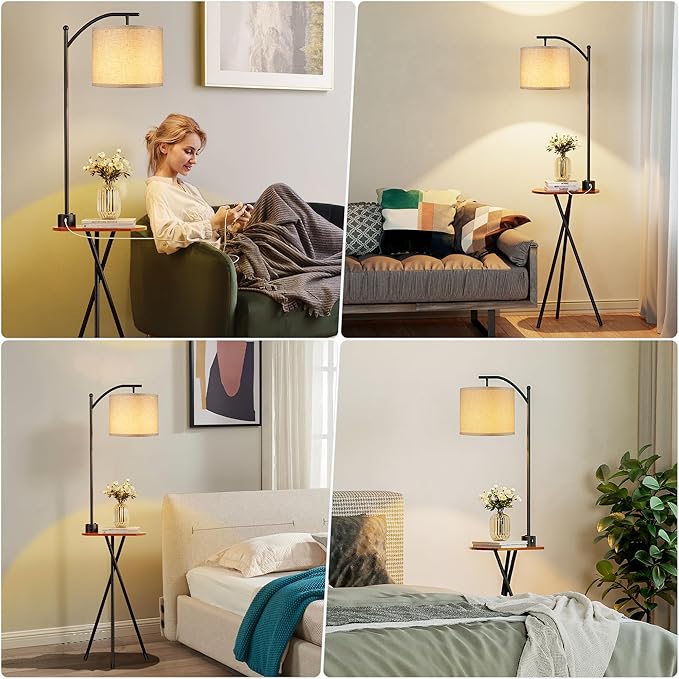 ROTTOGOON Floor Lamp with Table, End Table Lamp with Remote Control and Charging Station(USB A & Type-C & AC Port), 4 Color Temperatures, Floor Lamps for Living Room, Bedroom and Home Office,Black