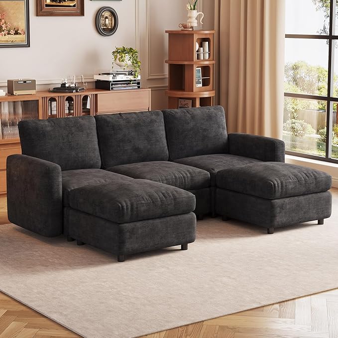 Modular Sectional Sofa with 2 Ottomans, Large Deep Seat L-Shaped Couch for Living Room, Oversized Velvet Loveseat, Modern Family Sofa Set with Storage, Comfy Grey Sofa Bed Sleeper