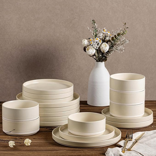 TheTerra Ceramic Dinnerware Sets for 6, 18 Pieces Handmade Reactive Glaze Plates and Bowls Set, Scratch Resistant Dish Set, Oven & Microwave & Dishwasher Safe, Matte White