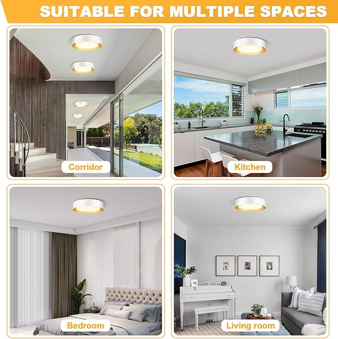 Modern Flush Mount Ceiling Lights,Minimalist 16.5IN Round Close to Ceiling Light Fixtures,White and Gold Metal Ceiling Lighting Lamp for Living Room,Dining Room,Kitchen,Bedroom