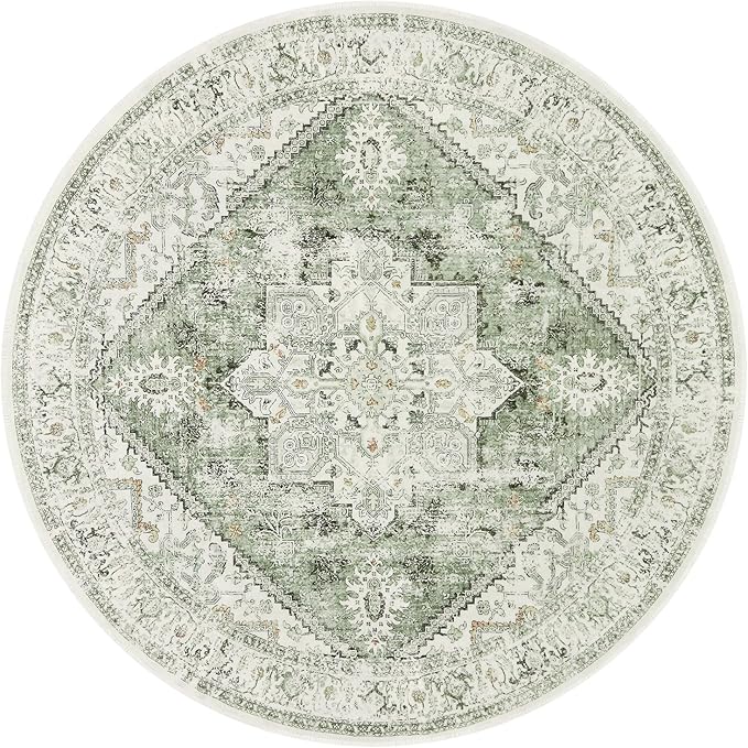 LIVEBOX Medallion Round Area Rug 5ft, Vintage Washable Sage Green Circle Rug for Bedroom, Low-Pile Soft Round Carpet for Living Room, Ideal for High Traffic Areas in Entryway