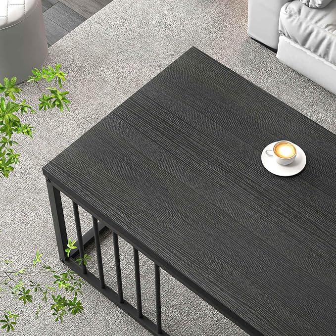 FOLUBAN Black Coffee Table, Modern Industrial Wood and Metal Center Table, Rectangle Cocktail Tea Table for Living Room, Black, 43.3 Inch