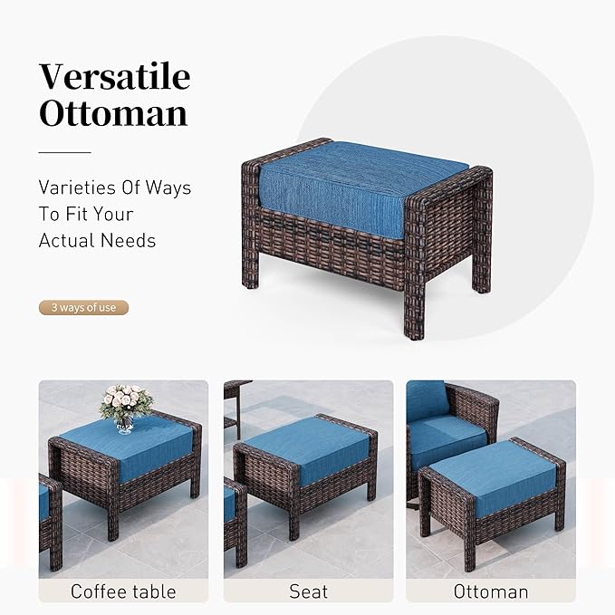 6 Piece Patio Furniture Set with Swivel Chairs, High Back Wicker Rattan Sofa with Extra Thick Cushion, Coffee Table and Ottoman, Outdoor Conversation Set for Backyard Deck, Blue