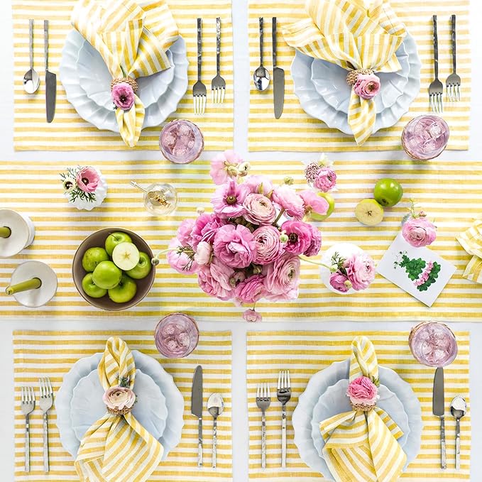 Solino Home Linen Placemats Set of 4 - Amalfi Stripe Primrose Yellow and White Placemats 14 x 19 Inch - 100% Pure Linen Place Mats