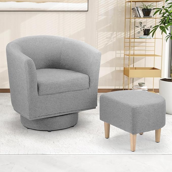 DAZONE Swivel Accent Chair, Modern Barrel Chair with Ottoman, Comfortable Living Room Chairs Upholstered Armchairs 360 Degree Swivel Round Club Tub Armchair for Bedroom Reading Room, Grey