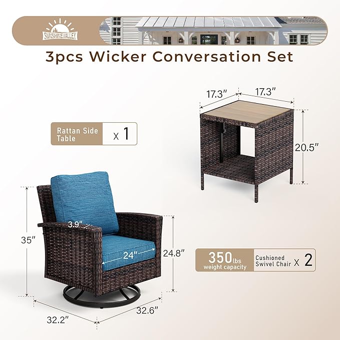 Patio Wicker Swivel Chairs Set of 2, Outdoor High Back Chairs with 5.5" Waterproof Cushions and Side Table, Outdoor Furniture Set for Deck Porch and Yard, Peacock Blue