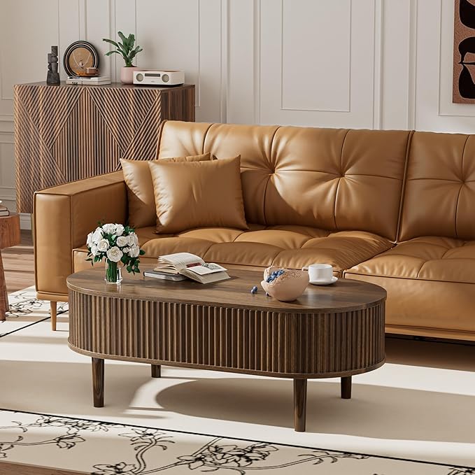 EAG Fluted Lift Top Coffee Table with Hidden Compartment, 39 Inch Modern Oval Coffee Table with 3 Storage, Fully Wooden Assembled Center Table for Living Room, Office, Walnut