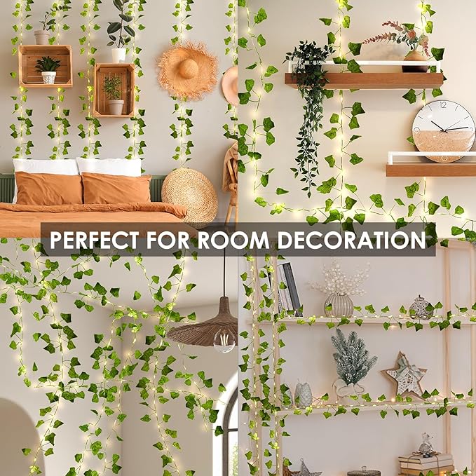 40ft 120 LED Vine Fairy Lights Battery Operated, 8 Modes & Timer Ivy String Lights with Remote, Green Leaf Lights for Indoor Bedroom Classroom Office Wall Garden Party Wedding Decor (Warm White)