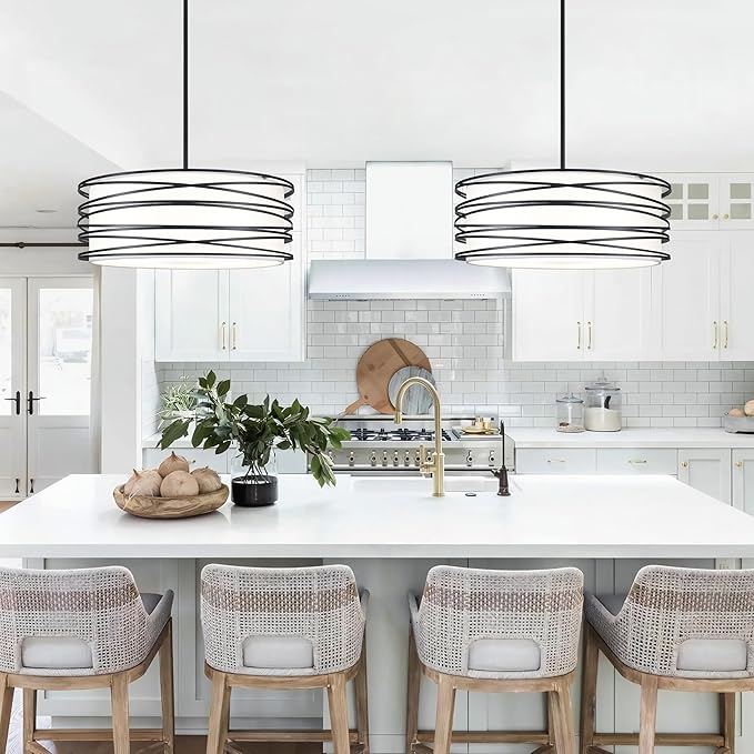 19.7" Black Pendant Light, 5-Lights Modern Drum Chandeliers for Dining Room Adjustable Pendant Hanging Lighting with White Fabric Shade for Kitchen Island Living Room Entryway Bedroom