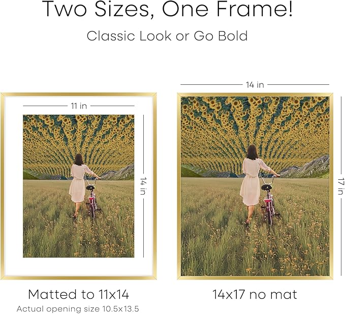 Homeforia 14x17 Picture Frame Gold, High End Metal 14x17 Poster Frames with Mat 11x14 Photo, 14 x 17 Gold Frames Matted to 11 by 14 Print, 17x14 Thin Hanging Frames, Tempered Glass, Wall Kit, Set of 3