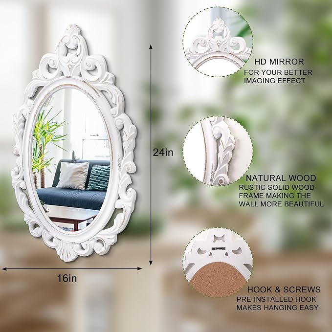 Wall Mirror Oval Baroque Style Vintage Mirrors for Wall Wooden Hanging Arendahl Traditional Mirror Decorative for Bathroom Bedroom Living Room Entryway Decor 24"x16" White
