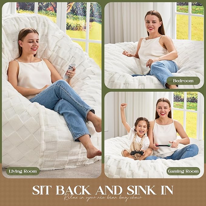 Hobestluk Bean Bag Chairs Beanbag Chair with Filler Adult Bean Bags with Fluffy Cover, Giant Bean Bag Chairs for Adults for Living Room, Bedroom (White, 5FT - 50” x 50” x 24”)
