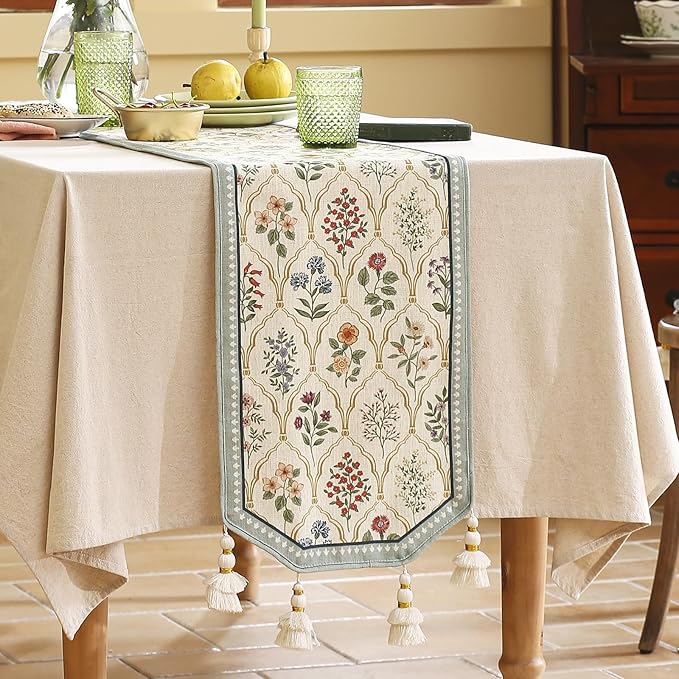 ISAENNE Designer Vintage Elegant Linen Table Runner 118 Inches Extra Long,Colorful Wildflower Pattern Runner,Decor Table Runners for Dining Tables,Thanksgiving,Christmas,12"*118"-Serenity B